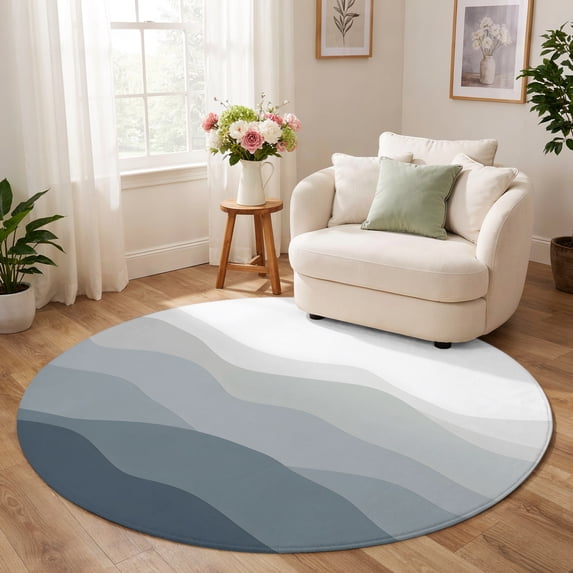 Round Rug 6ft, Slate Blue Ombre Waves Low Pile Washable Rugs for ...