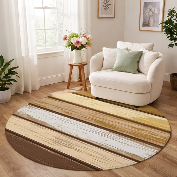 Round Rug 6ft, Vintage Brown Geometric Low Pile Washable Rugs for ...