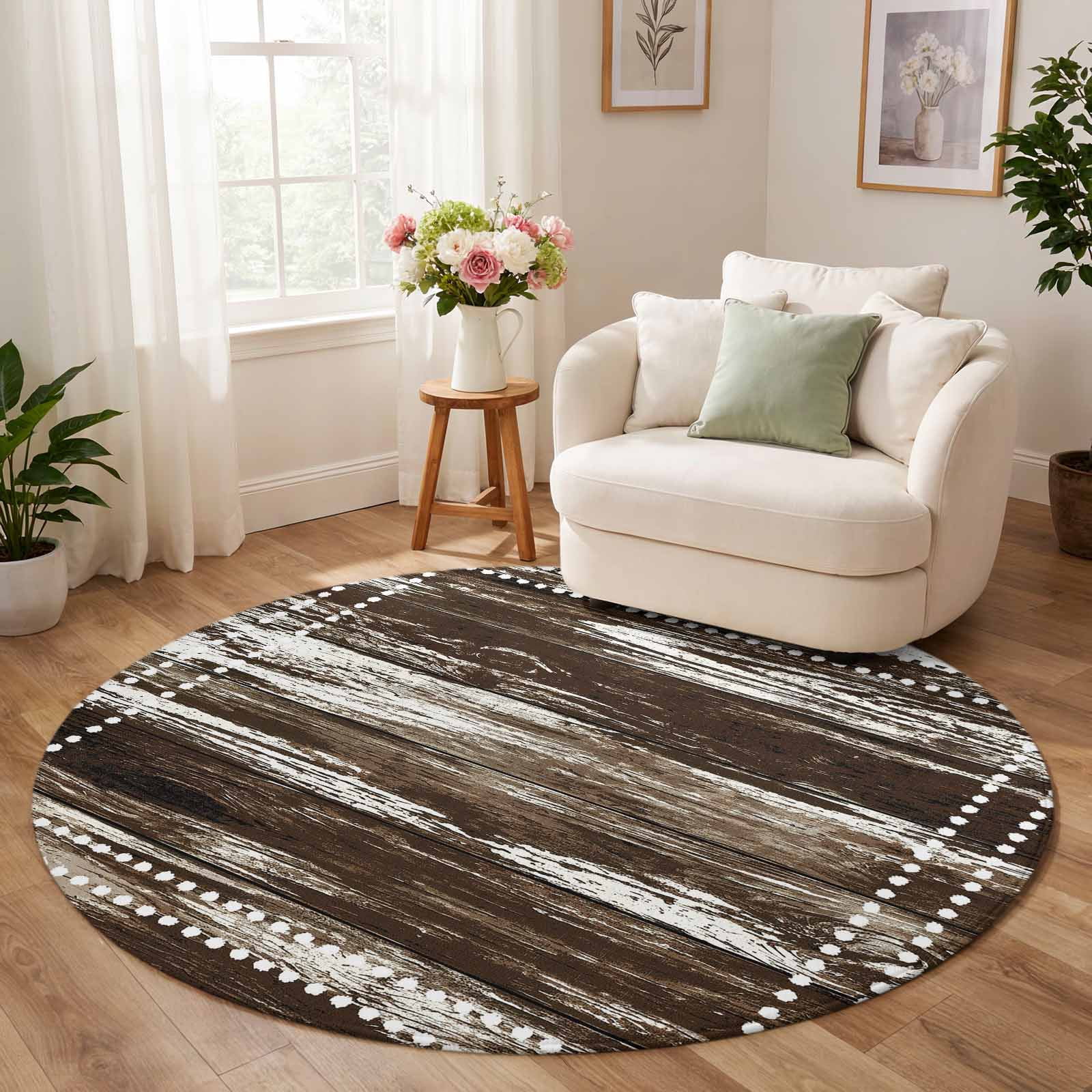 Round Rug 6ft, Vintage Brown Wooden Low Pile Washable Rugs for Kitchen ...