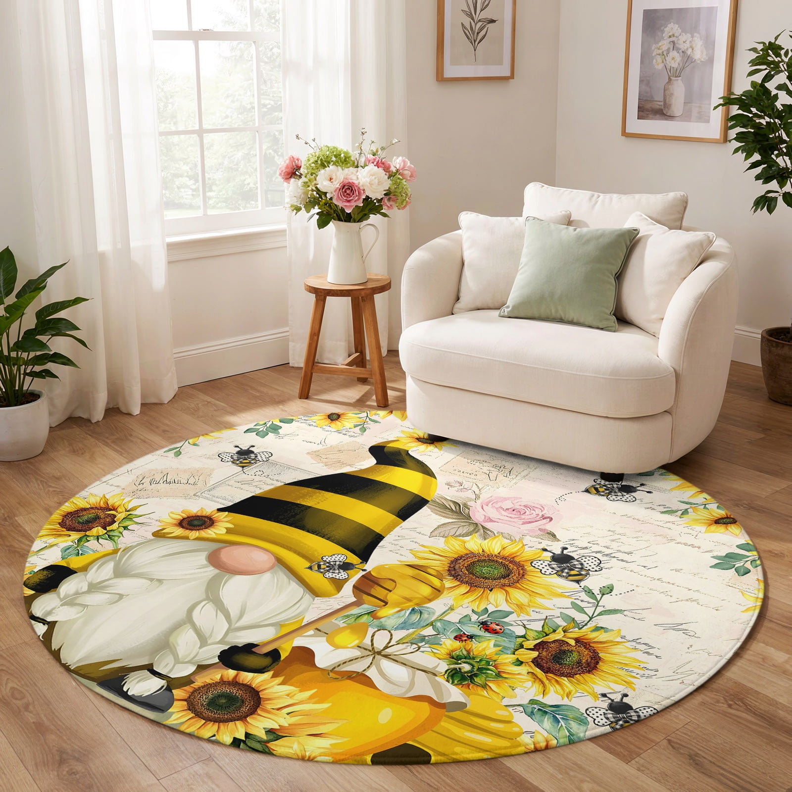 Round Rug 6ft, Yellow Gnomes Low Pile Washable Rugs for Kitchen, Dining ...