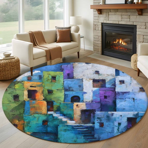 Round Rug 7Ft Washable Non-Slip, Abstract Blue Circle Area Rugs for Living Room Bedroom, Painting Buildings Geometric Modern Art Indoor Floor Mats Carpet Runner for Home Decor Aesthetic