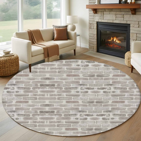 Round Rug 7Ft Washable Non-Slip, Beige Brick Wall Circle Area Rugs for Living Room Bedroom, Retro Country Stone Rocks Geometric Print Indoor Floor Mats Carpet Runner for Home Decor Aesthetic