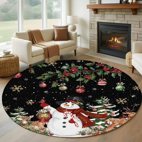 Round Rug 7Ft Washable Non-Slip, Black Christmas Snowman Circle Area Rugs for Living Room Bedroom, Xmas Snowflake Elk Tree Balls Indoor Floor Mats Carpet Runner for Home Decor Aesthetic