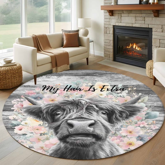 Round Rug 7Ft Washable Non-Slip, Black Cow Floral Circle Area Rugs for Living Room Bedroom, Grey Ombre Farmhouse Animals Indoor Floor Mats Carpet Runner for Home Decor Aesthetic