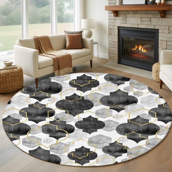 Round Rug 7Ft Washable Non-Slip, Black Geometric Moroccan Circle Area Rugs for Living Room Bedroom, Abstract Art Grey Ombre Modern Indoor Floor Mats Carpet Runner for Home Decor Aesthetic