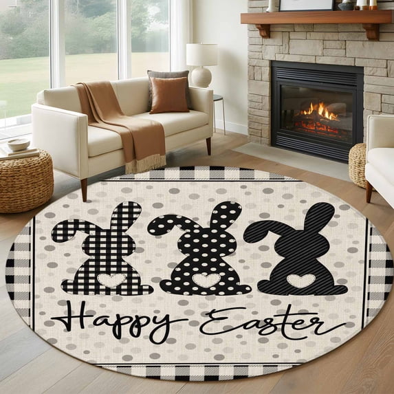 Round Rug 7Ft Washable Non-Slip, Black Grey Easter Circle Area Rugs for Living Room Bedroom, Polka Dot Bunny Spring Vintage Plaid Checkered Indoor Floor Mats Carpet Runner for Home Decor Aesthetic