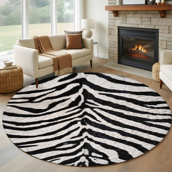 Round Rug 7Ft Washable Non-Slip, Black White Zebras Circle Area Rugs for Living Room Bedroom, Vintage Abstract Art Indoor Floor Mats Carpet Runner for Home Decor Aesthetic