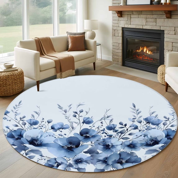 Round Rug 7Ft Washable Non-Slip, Blue Blooms Floral Circle Area Rugs for Living Room Bedroom, Spring Flowers Botanical Blue Ombre Indoor Floor Mats Carpet Runner for Home Decor Aesthetic