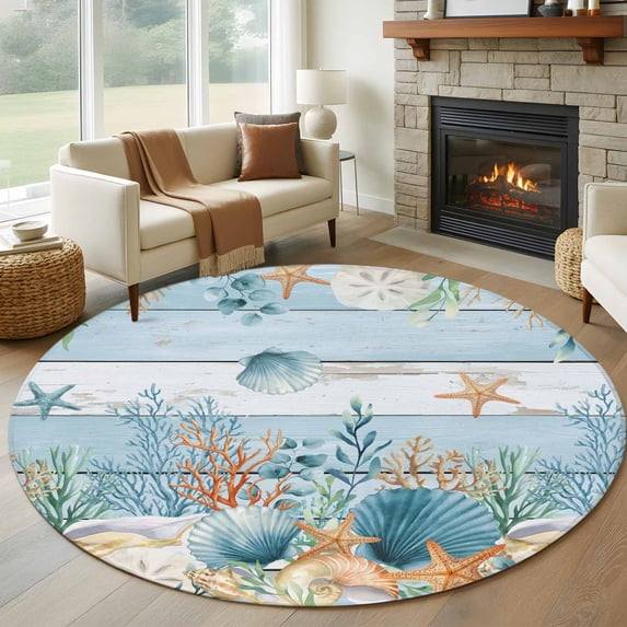 Round Rug 7Ft Washable Non-Slip, Blue Coastal Circle Area Rugs for Living Room Bedroom, Summer Beach Starfish Shell Coral Nautical Indoor Floor Mats Carpet Runner for Home Decor Aesthetic