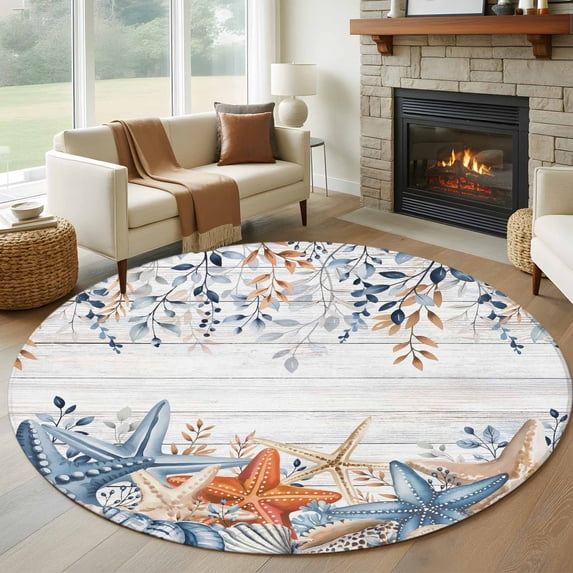 Round Rug 7Ft Washable Non-Slip, Blue Coastal Circle Area Rugs for Living Room Bedroom, Summer Beach Starfish Weeping Eucalyptus Wooden Indoor Floor Mats Carpet Runner for Home Decor Aesthetic