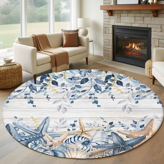 Round Rug 7Ft Washable Non-Slip, Blue Eucalyptus Coastal Circle Area Rugs for Living Room Bedroom, Beach Starfish Shell Nautical Retro Indoor Floor Mats Carpet Runner for Home Decor Aesthetic