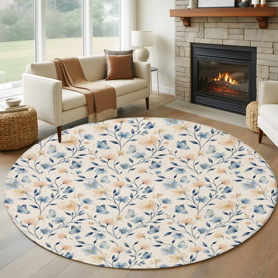 Round Rug 7Ft Washable Non-Slip, Blue Pink Flowers Circle Area Rugs for Living Room Bedroom, Spring Floral Elegant Pastoral Rustic Indoor Floor Mats Carpet Runner for Home Decor Aesthetic