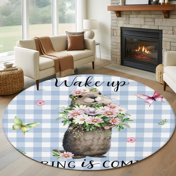 Round Rug 7Ft Washable Non-Slip, Blue Plaid Groundhog Circle Area Rugs for Living Room Bedroom, Spring Floral Butterfly Botanical Indoor Floor Mats Carpet Runner for Home Decor Aesthetic