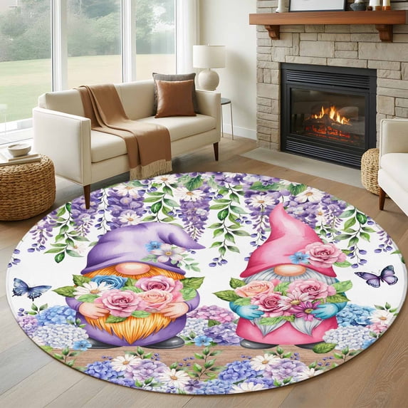 Round Rug 7Ft Washable Non-Slip, Blue Purple Gnomes Circle Area Rugs for Living Room Bedroom, Spring Country Hydrangea Flower Leaf Indoor Floor Mats Carpet Runner for Home Decor Aesthetic