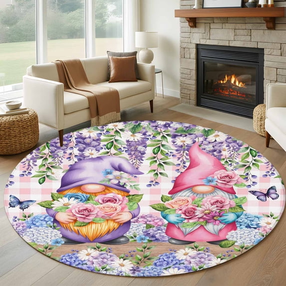 Round Rug 7Ft Washable Non-Slip, Blue Purple Gnomes Circle Area Rugs for Living Room Bedroom, Spring Hydrangea Flower Leaf Pink Plaid Indoor Floor Mats Carpet Runner for Home Decor Aesthetic