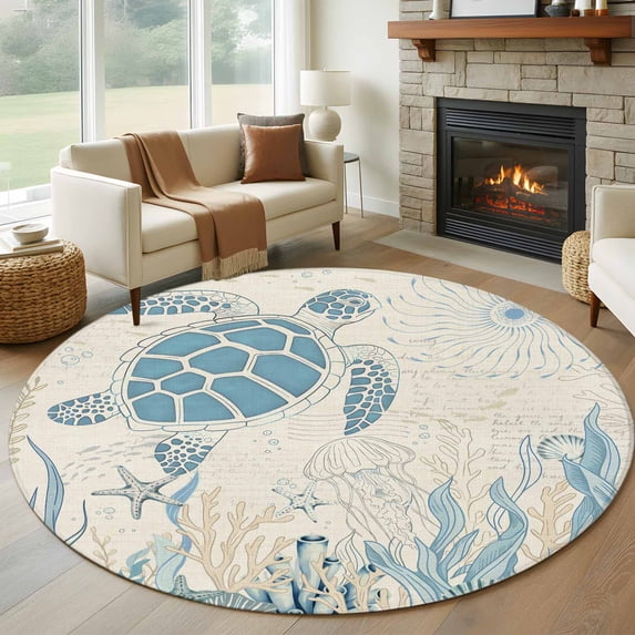 Round Rug 7Ft Washable Non-Slip, Blue Turtle Coastal Circle Area Rugs for Living Room Bedroom, Coral Summer Beach Nautical Ocean Beige Indoor Floor Mats Carpet Runner for Home Decor Aesthetic