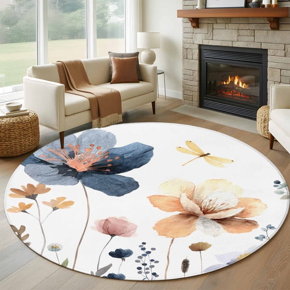 Round Rug 7Ft Washable Non-Slip, Blue Yellow Flowers Circle Area Rugs for Living Room Bedroom, Spring Summer Garden Wildflowers Indoor Floor Mats Carpet Runner for Home Decor Aesthetic