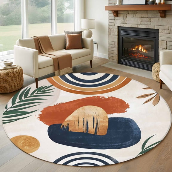 Round Rug 7Ft Washable Non-Slip, Boho Circle Area Rugs for Living Room Bedroom, Bohemia Middle Century Leaves Abstract Minimalist Beige Indoor Floor Mats Carpet Runner for Home Decor Aesthetic