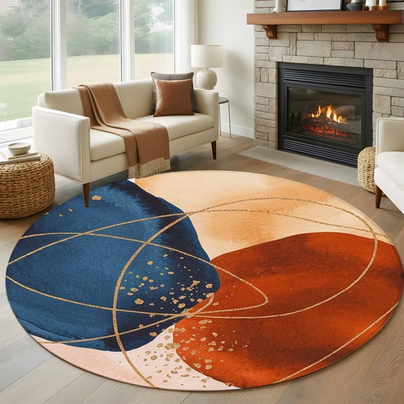 Round Rug 7Ft Washable Non-Slip, Boho Geometric Circle Area Rugs for Living Room Bedroom, Farmhouse Abstract Retro Stripes Motifs Indoor Floor Mats Carpet Runner for Home Decor Aesthetic