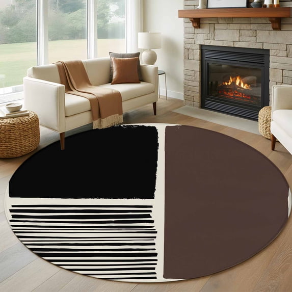 Round Rug 7Ft Washable Non-Slip, Brown Black Circle Area Rugs for Living Room Bedroom, Modern Abstract Art Farmhouse Striped Indoor Floor Mats Carpet Runner for Home Decor Aesthetic