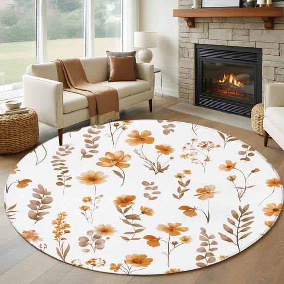 Round Rug 7Ft Washable Non-Slip, Brown Spring Floral Circle Area Rugs for Living Room Bedroom, Flowers Botanical Elegant Pastoral Indoor Floor Mats Carpet Runner for Home Decor Aesthetic