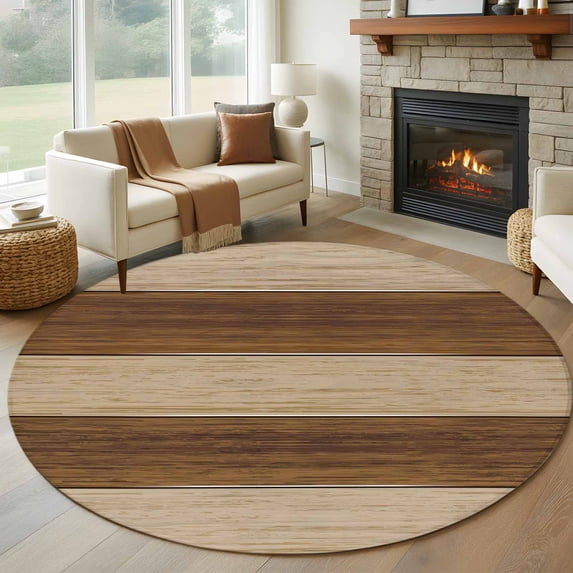 Round Rug 7Ft Washable Non-Slip, Brown Wood Grain Circle Area Rugs for Living Room Bedroom, Ombre Rustic Retro Wooden Plank Indoor Floor Mats Carpet Runner for Home Decor Aesthetic