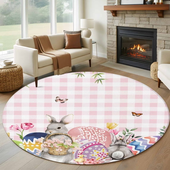 Round Rug 7Ft Washable Non-Slip, Bunny Easter Circle Area Rugs for Living Room Bedroom, Pink Eggs Plaid Spring Floral Farmhouse Indoor Floor Mats Carpet Runner for Home Decor Aesthetic