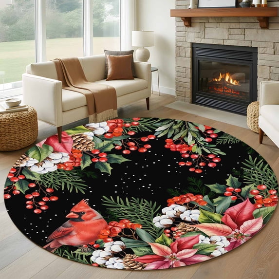 Round Rug 7Ft Washable Non-Slip, Cardinal Bird Circle Area Rugs for Living Room Bedroom, Winter Poinsettia Pine Cones Berry Black Indoor Floor Mats Carpet Runner for Home Decor Aesthetic