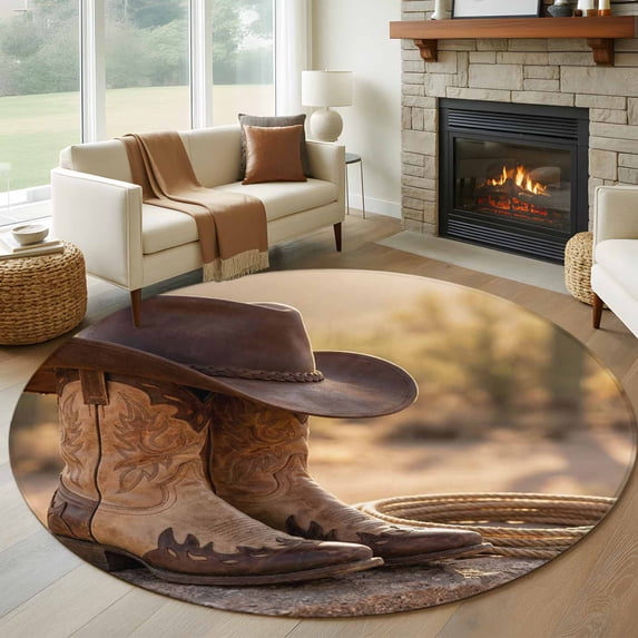 Round Rug 7Ft Washable Non-Slip, Cowboy Western Circle Area Rugs for Living Room Bedroom, Cowboy Hats Boots Desert Cacti Vintage Indoor Floor Mats Carpet Runner for Home Decor Aesthetic