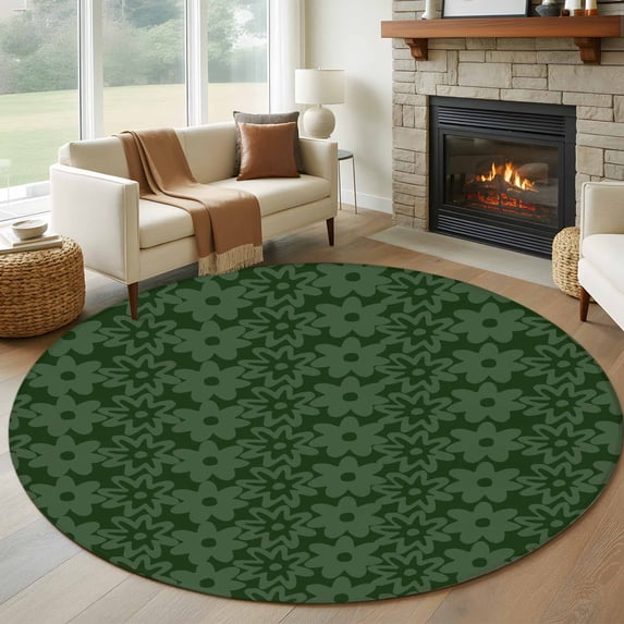 Round Rug 7Ft Washable Non-Slip, Dark Green Gold Floral Circle Area Rugs for Living Room Bedroom, Modern Abstract Art Spring Flowers Indoor Floor Mats Carpet Runner for Home Decor Aesthetic