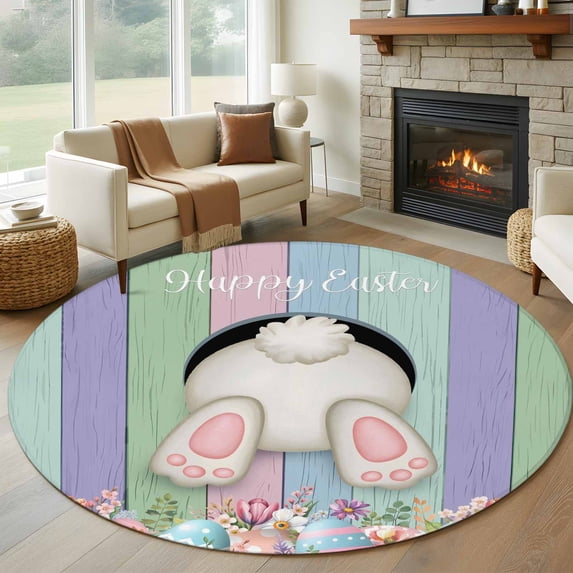 Round Rug 7Ft Washable Non-Slip, Easter Bunny Circle Area Rugs for Living Room Bedroom, Eggs Cute Rabbit Floral Colorful Country Wooden Indoor Floor Mats Carpet Runner for Home Decor Aesthetic