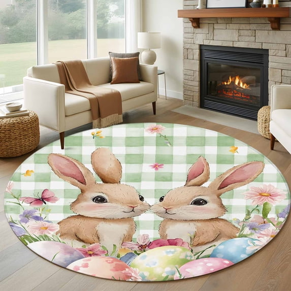 Round Rug 7Ft Washable Non-Slip, Easter Circle Area Rugs for Living Room Bedroom, Spring Rabbit Eggs Flower Butterfly Green Plaid Indoor Floor Mats Carpet Runner for Home Decor Aesthetic