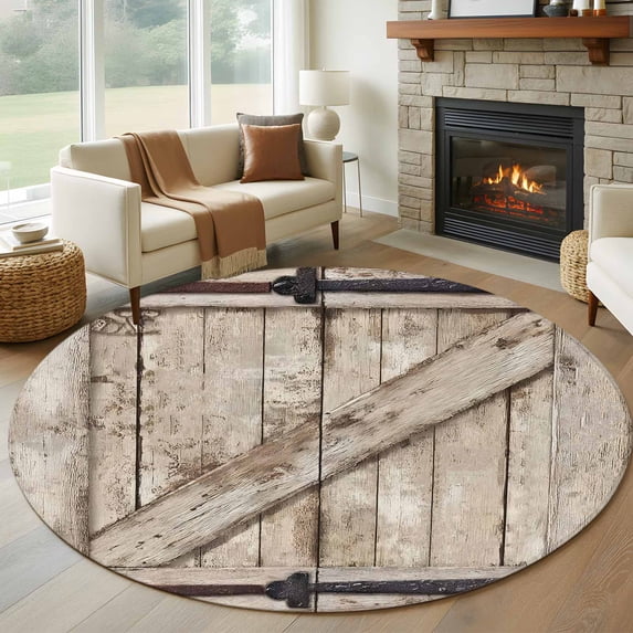 Round Rug 7Ft Washable Non-Slip, Farmhouse Wood Grain Circle Area Rugs for Living Room Bedroom, Vintage Country Barn Gate Brown Indoor Floor Mats Carpet Runner for Home Decor Aesthetic