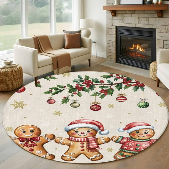 Round Rug 7Ft Washable Non-Slip, Gingerbread Christmas Circle Area Rugs for Living Room Bedroom, Xmas Balls Branches Farmhouse Indoor Floor Mats Carpet Runner for Home Decor Aesthetic