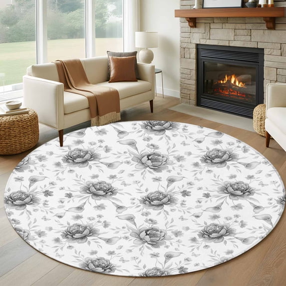 Round Rug 7Ft Washable Non-Slip, Grey Black Flower Circle Area Rugs for Living Room Bedroom, Spring Watercolor Floral Plant Textured Indoor Floor Mats Carpet Runner for Home Decor Aesthetic