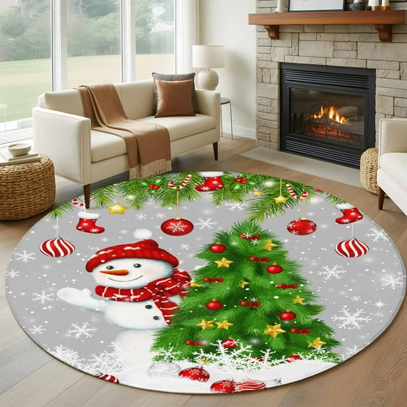 Round Rug 7Ft Washable Non-Slip, Grey Christmas Circle Area Rugs for Living Room Bedroom, Snowman Xmas Tree Ball Snowflake Indoor Floor Mats Carpet Runner for Home Decor Aesthetic