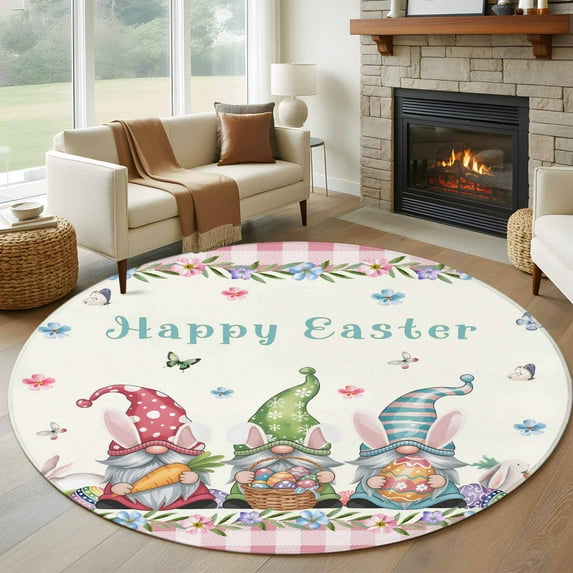 Round Rug 7Ft Washable Non-Slip, Happy Easter Circle Area Rugs for Living Room Bedroom, Funny Gnomes Rabbits Colorful Eggs Plaid Indoor Floor Mats Carpet Runner for Home Decor Aesthetic