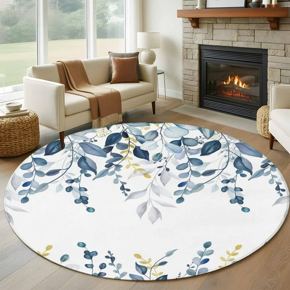 Round Rug 7Ft Washable Non-Slip, Navy Blue Eucalyptus Circle Area Rugs for Living Room Bedroom, Watercolor Spring Weeping Botanical Indoor Floor Mats Carpet Runner for Home Decor Aesthetic