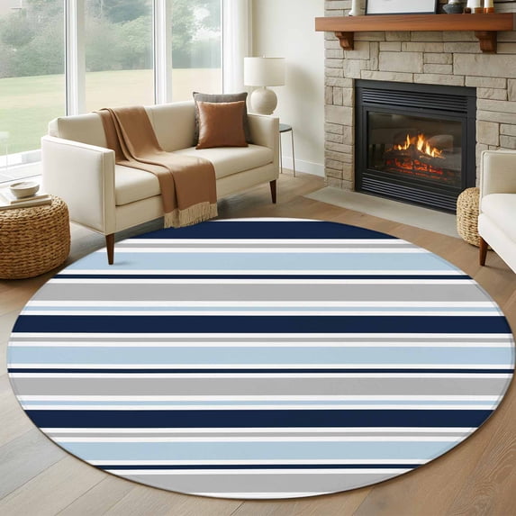 Round Rug 7Ft Washable Non-Slip, Navy Blue Gray Striped Circle Area Rugs for Living Room Bedroom, Farmhouse Stripes Modern Abstract Art Indoor Floor Mats Carpet Runner for Home Decor Aesthetic