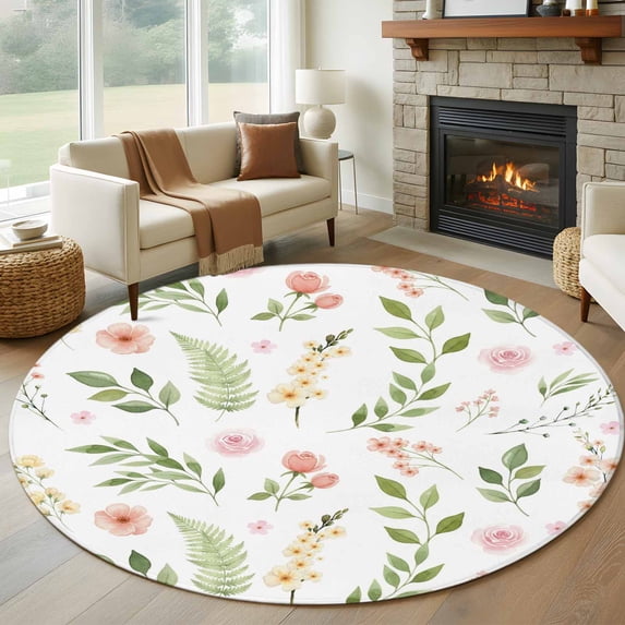 Round Rug 7Ft Washable Non-Slip, Pink Green Botanical Circle Area Rugs for Living Room Bedroom, Spring Watercolor Floral Leaf Plant Indoor Floor Mats Carpet Runner for Home Decor Aesthetic
