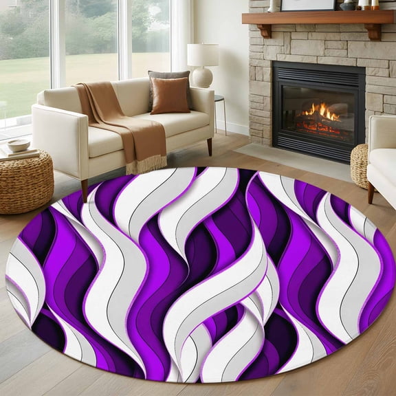 Round Rug 7Ft Washable Non-Slip, Purple White Moire Circle Area Rugs for Living Room Bedroom, Modern Abstract Art Indoor Floor Mats Carpet Runner for Home Decor Aesthetic