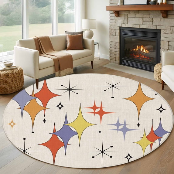 Round Rug 7Ft Washable Non-Slip, Purple Yellow Diamond Circle Area Rugs for Living Room Bedroom, Modern Geometric Middle Century Beige Indoor Floor Mats Carpet Runner for Home Decor Aesthetic