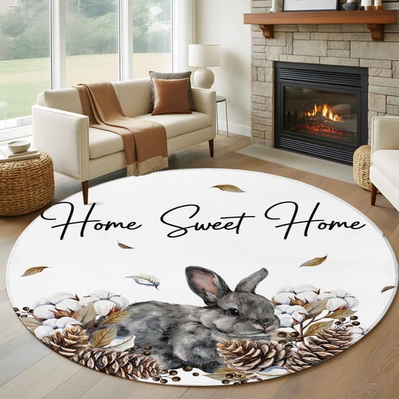 Round Rug 7Ft Washable Non-Slip, Rabbits Pine Cone Circle Area Rugs for Living Room Bedroom, Sweet Home Texture Brown Leaves Berries Indoor Floor Mats Carpet Runner for Home Decor Aesthetic