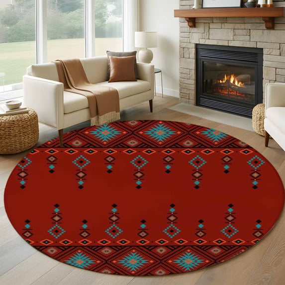 Round Rug 7Ft Washable Non-Slip, Red Boho Circle Area Rugs for Living Room Bedroom, Vintage Ethnic Tribe Abstract Art Retro Indoor Floor Mats Carpet Runner for Home Decor Aesthetic