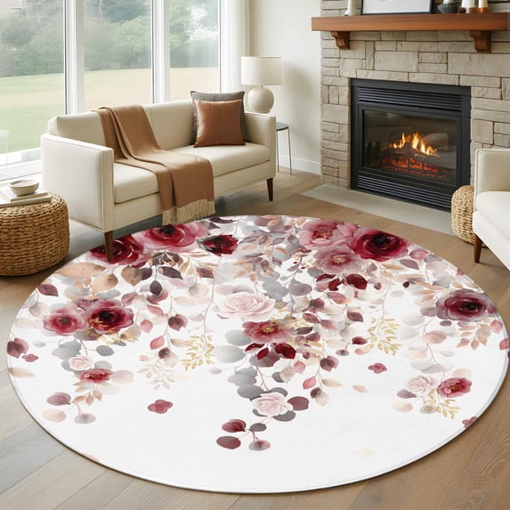 Round Rug 7Ft Washable Non-Slip, Red Flowers Circle Area Rugs for Living Room Bedroom, Spring Floral Elegant Pastoral Watercolor Indoor Floor Mats Carpet Runner for Home Decor Aesthetic