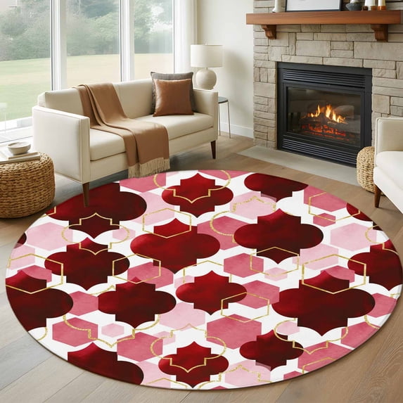 Round Rug 7Ft Washable Non-Slip, Red Geometric Moroccan Circle Area Rugs for Living Room Bedroom, Abstract Art Red Ombre Modern Indoor Floor Mats Carpet Runner for Home Decor Aesthetic