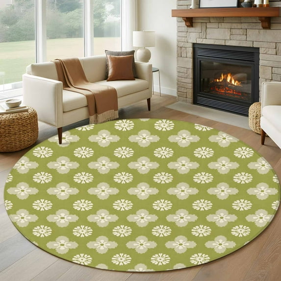 Round Rug 7Ft Washable Non-Slip, Sage Green Floral Circle Area Rugs for Living Room Bedroom, Spring Flowers Modern Abstract Art Farmhouse Indoor Floor Mats Carpet Runner for Home Decor Aesthetic