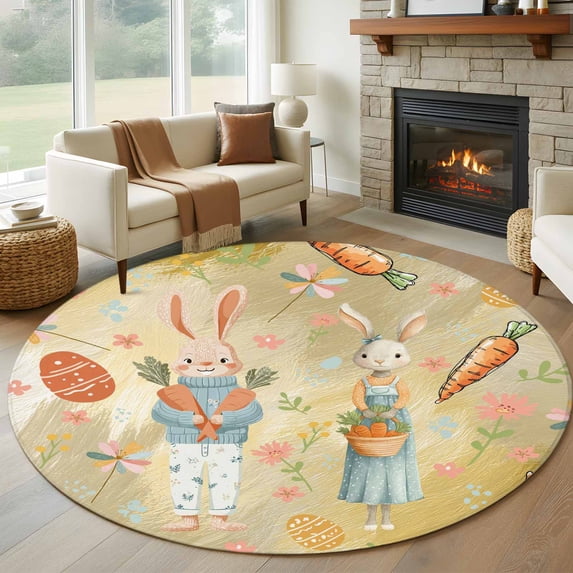 Round Rug 7Ft Washable Non-Slip, Spring Easter Circle Area Rugs for Living Room Bedroom, Bunny Carrots Eggs Floral Botanical Yellow Indoor Floor Mats Carpet Runner for Home Decor Aesthetic