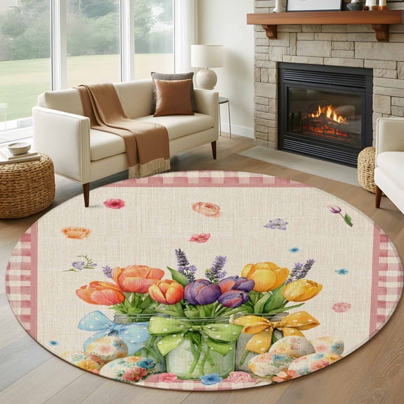 Round Rug 7Ft Washable Non-Slip, Spring Easter Circle Area Rugs for Living Room Bedroom, Colorful Tulip Floral Eggs Pink Plaid Rustic Indoor Floor Mats Carpet Runner for Home Decor Aesthetic