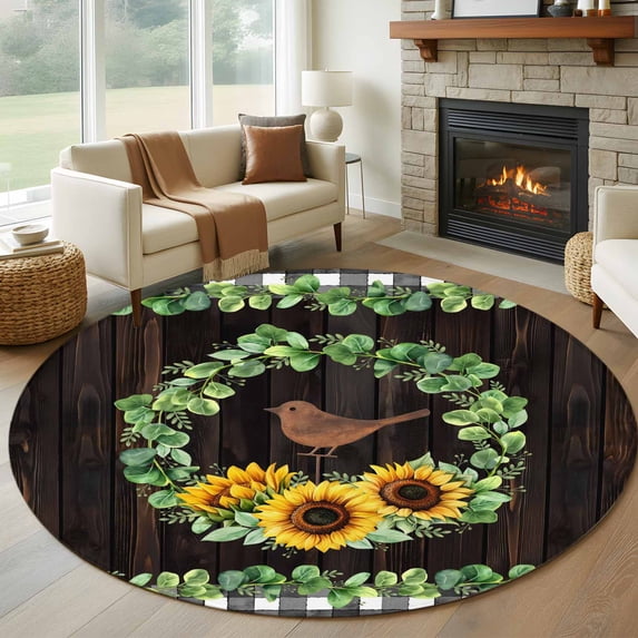 Round Rug 7Ft Washable Non-Slip, Spring Eucalyptus Sunflower Circle Area Rugs for Living Room Bedroom, Farmhouse Birds Brown Wood Indoor Floor Mats Carpet Runner for Home Decor Aesthetic
